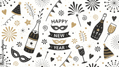 Celebrate New Year's Eve with champagne and festive decorations