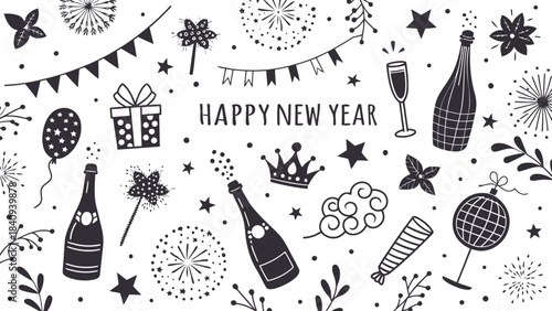 Happy New Year celebration elements with champagne and fireworks