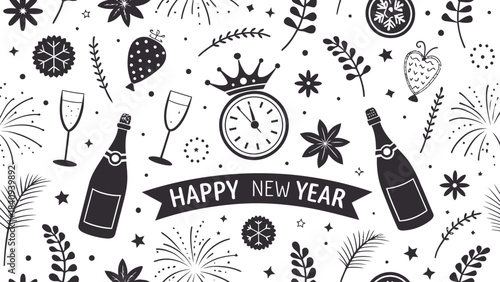 Happy New Year celebration with champagne and fireworks decorations