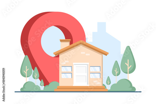 Illustration showing a house icon and location marker, representing home delivery, package tracking, and location-based logistics concepts for businesses.