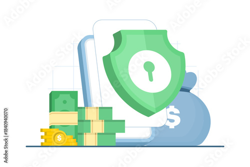 Illustration showing a smartphone with a gold coin on an isolated background, symbolizing financial security, safe mobile banking, and digital finance applications.