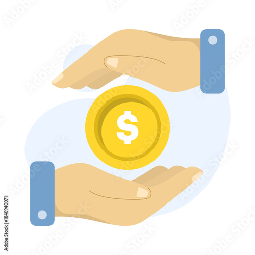 Digital marketing concept showing a money coin held by two hands on an isolated background, symbolizing financial support, investment, and online business growth.