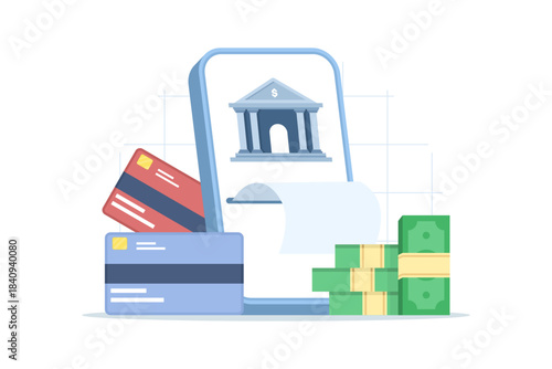 Vector illustration of smartphone displaying online payment with receipt, credit card, and gold coin, symbolizing digital finance, cashless transactions, and marketing solutions.