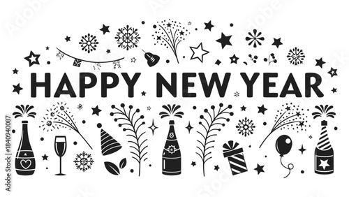 Happy New Year celebration with festive icons and decorations