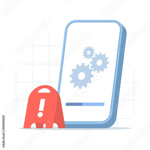 System update process with loading bar on smartphone. New version installation, performance enhancement, and software maintenance concept in modern vector style.