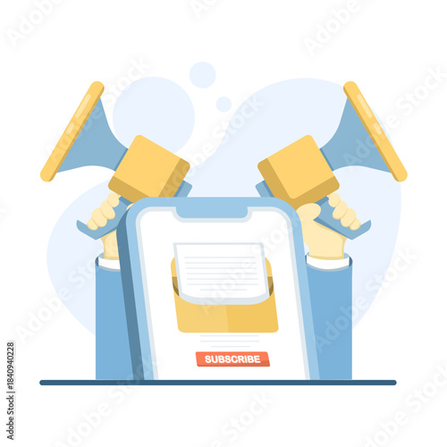 Illustration showing newsletter subscriptions and email marketing on a smartphone, symbolizing mobile marketing, online campaigns, and audience communication.