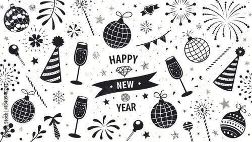 Happy New Year celebration icons and symbols in black and white