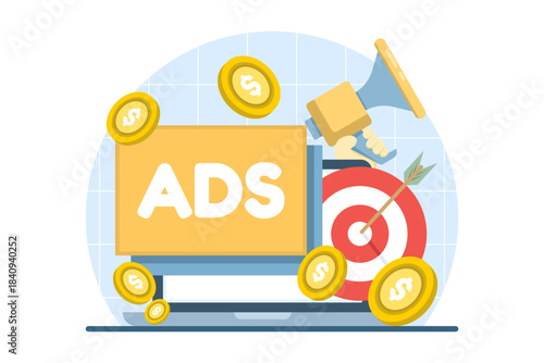 Illustration of pay-per-click online advertising, featuring clickable ads, internet marketing, and digital campaign management in flat vector style.