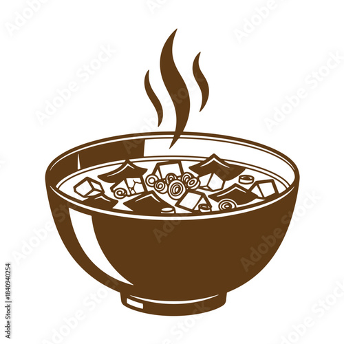 Vector illustration of a steaming bowl of japanese miso soup with classic sketch style