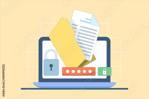 Vector illustration of a password-protected folder with a padlock on a computer screen, representing secure file storage, data encryption, and digital document protection.