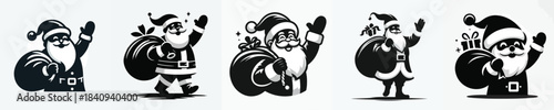 silhouette of santa claus waving his hand carrying a sack of gifts