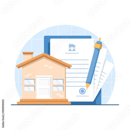 Illustration showing a house alongside a contract document, symbolizing property deals, real estate agreements, and home buying or selling processes.