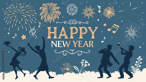 Celebrate New Year's with joyful people dancing under fireworks