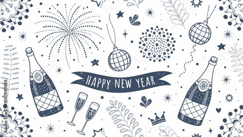 Happy New Year celebration with champagne and fireworks decorations