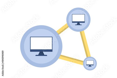 Minimalist vector illustration of connected computer icons forming a network topology, symbolizing digital connectivity, system integration, and device communication.