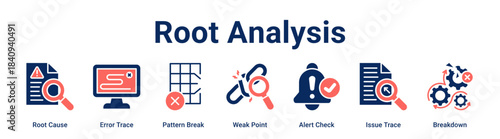 Root Analysis web banner icon vector illustration concept for Business with icon of Root Cause, Error Trace, Pattern Break, Weak Point, Alert Check, Issue.