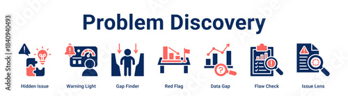 Problem Discovery web banner icon vector illustration concept for Business with icon of Hidden Issue, Warning Light, Gap Finder, Red Flag, Data Gap, Flaw Check.