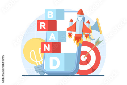 Illustration representing brand building and promotion strategies, highlighting marketing techniques, product visibility, and sales enhancement in flat vector style.