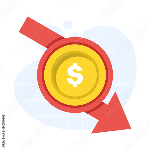 Dollar decrease icon showing a money symbol with a downward arrow, representing falling revenue, cost reduction, financial loss, and business decline concepts.
