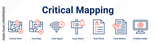 Critical Mapping web banner icon vector illustration concept for Business with icon of Critical Point, Error Map, Fault Signal, Issue Alarm, Risk Check, Fault Marker.
