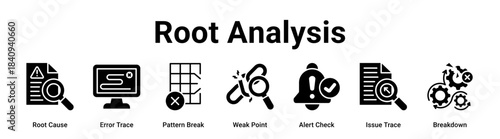Root Analysis web banner icon vector illustration concept for Business with icon of Root Cause, Error Trace, Pattern Break, Weak Point, Alert Check, Issue.