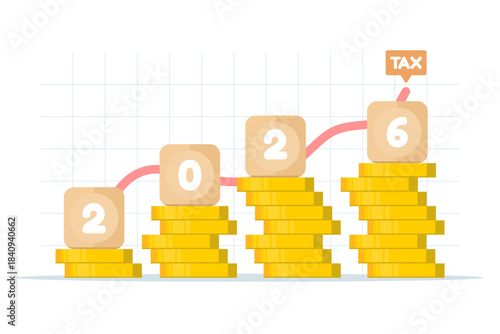 Illustration showing income tax increase trend for 2026 with coin stack levels and line graph, symbolizing tax analysis, financial planning, and economic forecast.