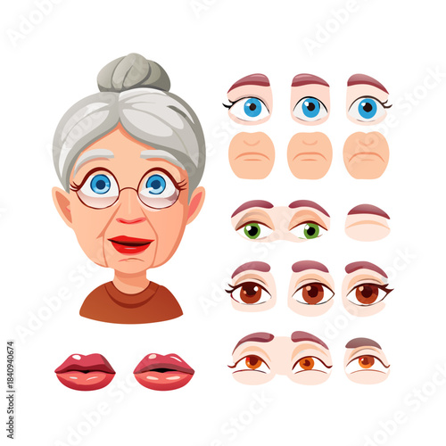 Old woman face constructor set isolated on white background. Vector cartoon illustration of elderly female avatar creation kit, collection of eyes, sad and smiling lips, eyebrows, different ... See ..