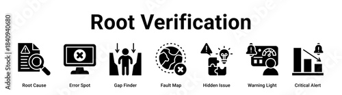Root Verification web banner icon vector illustration concept for Business with icon of Root Cause, Error Spot, Gap Finder, Fault Map, Hidden Issue, Warning Light.