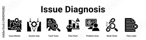 Issue Diagnosis web banner icon vector illustration concept for Business with icon of Issue Marker, System Gap, Fault Trace, Pain Point, Problem Scan, Weak Chain.