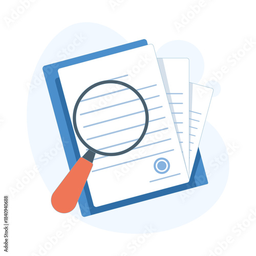 Vector illustration of a magnifying glass over a document, representing evidence analysis, document review, investigation, and research concept in flat design.