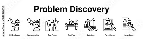 Problem Discovery web banner icon vector illustration concept for Business with icon of Hidden Issue, Warning Light, Gap Finder, Red Flag, Data Gap, Flaw Check.