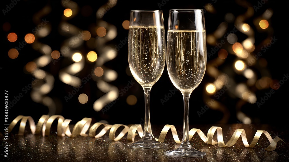 Fototapeta premium Festive merry christmas and happy new year 2026 greeting card with sparkling wine and golden streamers celebration