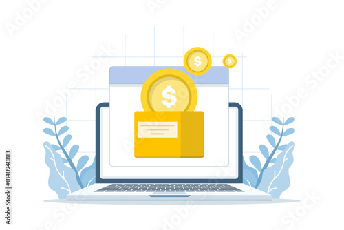 Online finance donation icon with money box, crowdfunding wallet, charity campaign, and digital fundraising service illustration.