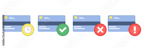 Flat vector illustration of payment alert status with pending authorization, fraud warning signs, and cash transaction verification elements.