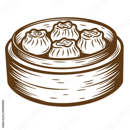 Vintage sketch illustration of delicious dim sum steamed dumplings in a bamboo steamer