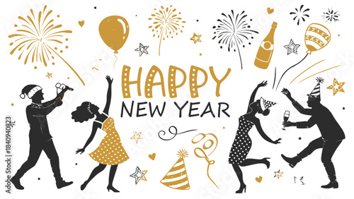 People celebrating New Year's with fireworks and champagne