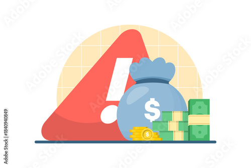 Financial crisis and business risk warning symbolized by an alert exclamation mark. Flat vector design for economic issues and instability.