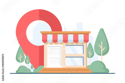 Illustration of shops marked on a map with GPS markers, representing store locations, navigation assistance, and location-based shopping concepts.