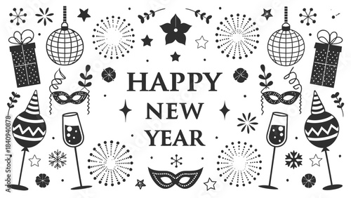 Happy New Year celebration with festive decorations and drinks