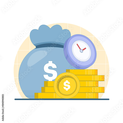 Illustration of a clock with money, representing the time is money concept, financial planning, budgeting, and management of business resources.