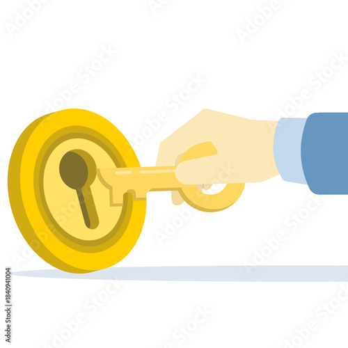 Illustration of a golden key opening a coin-shaped keyhole, representing investment access, unlocking financial potential, and exploring business opportunities.