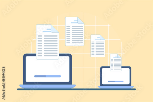 Flat vector showing two laptops transferring files and documents, representing data exchange, file sharing, system backup, and computer migration concepts.