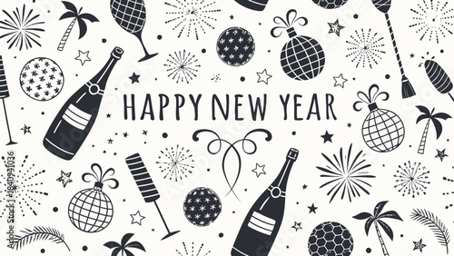 Happy New Year celebration with champagne and fireworks decorations