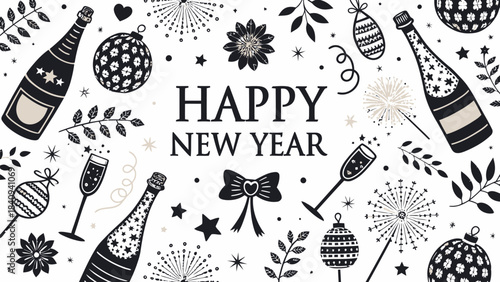 Happy New Year celebration with champagne and fireworks