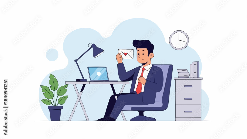 Fototapeta premium Businessman in suit sitting at desk holding an envelope with a laptop.