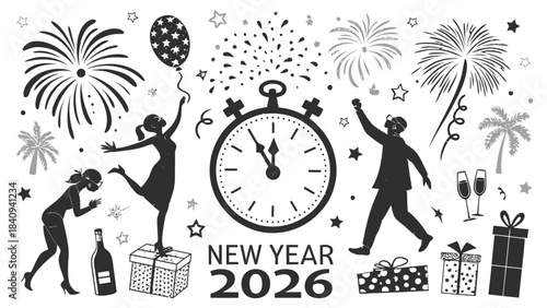 Celebrating New Year's 2026 with joyful people and festive decorations