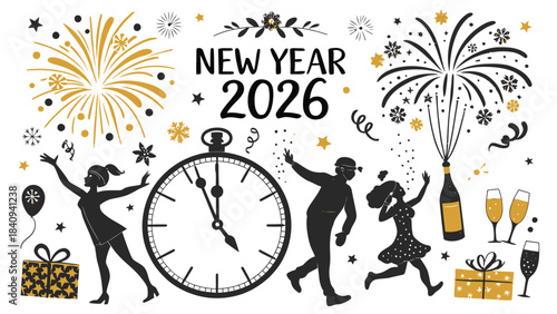 Celebrate New Year 2026 with joyful people dancing around a clock