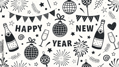 Celebrate with Happy New Year party decorations and champagne