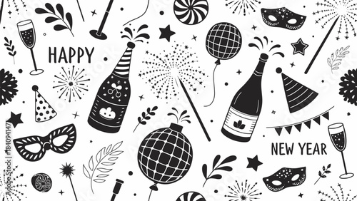 New Year's celebration elements with champagne and fireworks