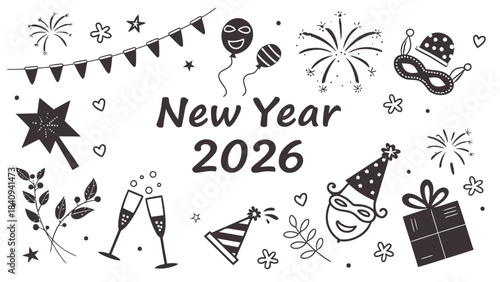 New Year 2026 celebration icons with party elements and fireworks